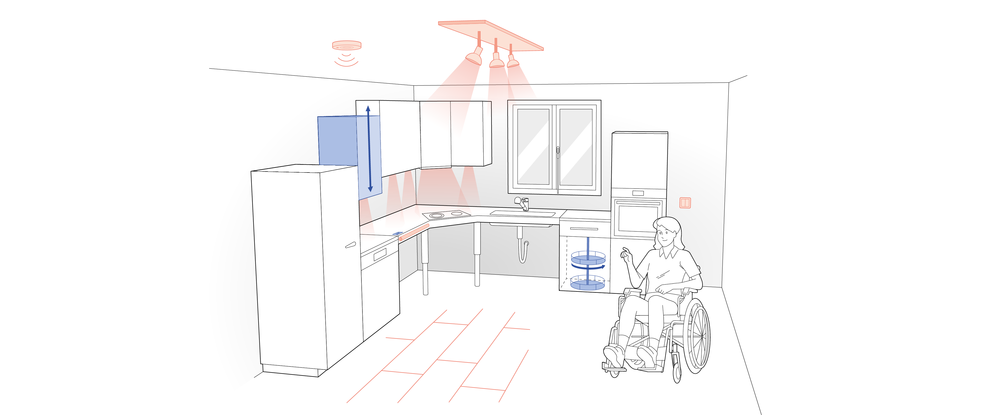 Illustration einer barrierefreien Küche mit Rollstuhlfahrerin.