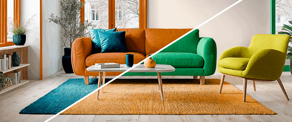 Ein Sofa in zwei unterschiedlichen Farb-Stilen, visuell durch eine Linie getrennt.