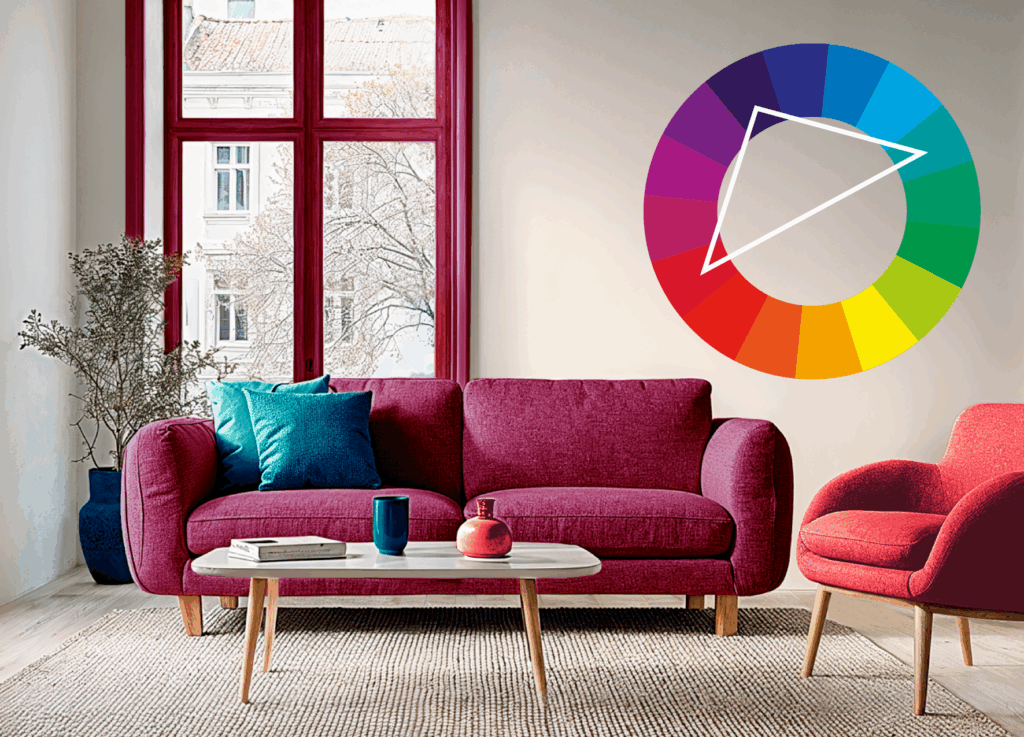 Ein Wohnzimmer mit triadischen Farben.