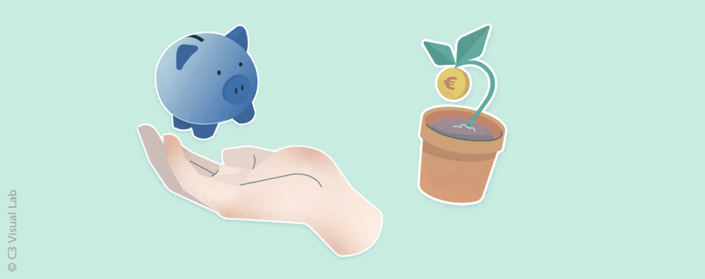 Illustration einer Hand die ein Sparschwein hält, daneben eine Pflanze an der eine Geldmünze hängt.