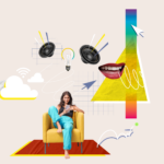 Collageartige Illustration zum Thema digitale Kommunikation und Technologie: Hände über einer Tastatur, Lautsprecher, Glühbirne, Cloud-Symbol, eine Person mit Smartphone im Sessel, ein Mund als Sprachelement und ein Finger auf einem Schalter.