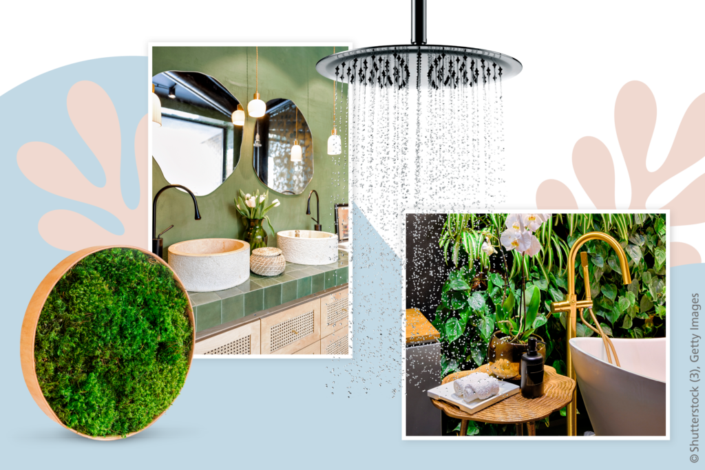 Collage mit Produkten für ein Wellnessbad im Dschungelstil.