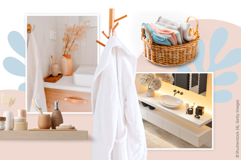 Collage mit Produkten für ein Wellnessbad im ruhigem Stil.