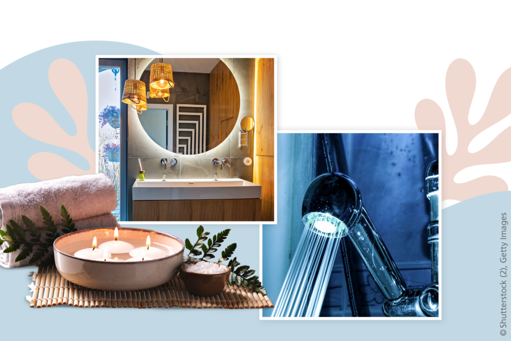 Collage mit Produkten für ein Wellnessbad mit indirekter Beleuchtung.